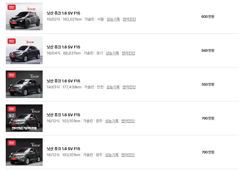 닛산 쥬크 중고차 가격 시세표 연비