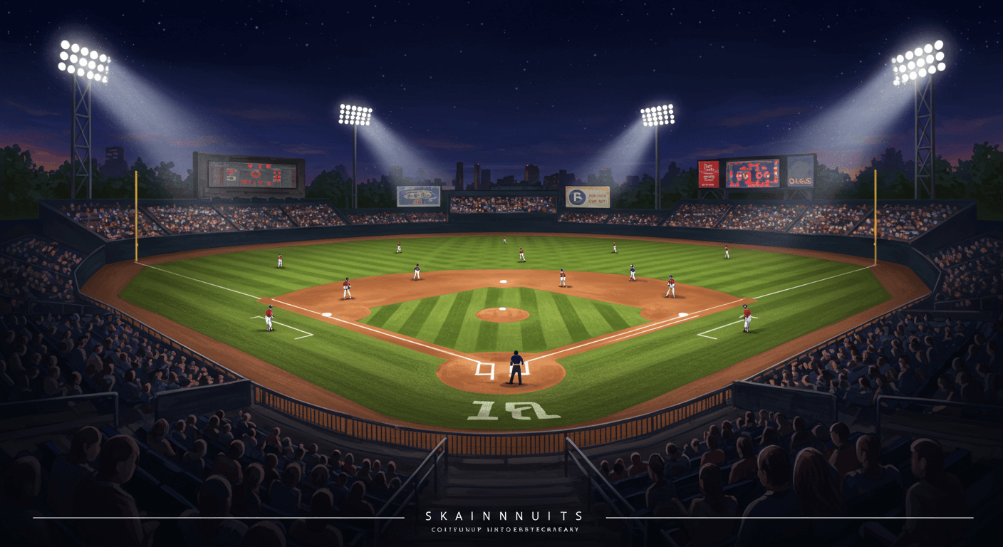 한국인 인물이 야구장에서 밝은 조명 아래 서 있는 장면, 끊김 없는 리그 운영을 표현 3