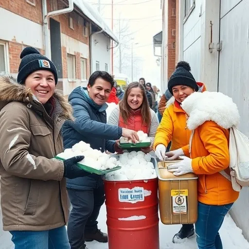 자원봉사자들이 눈 쌓인 골목길에서 힘을 합쳐 연탄을 나르거나, 취약 계층 가정에 난방유를 주입하는 모습입니다. 봉사자들의 밝은 표정과 땀방울이 열정을 나타냅니다.