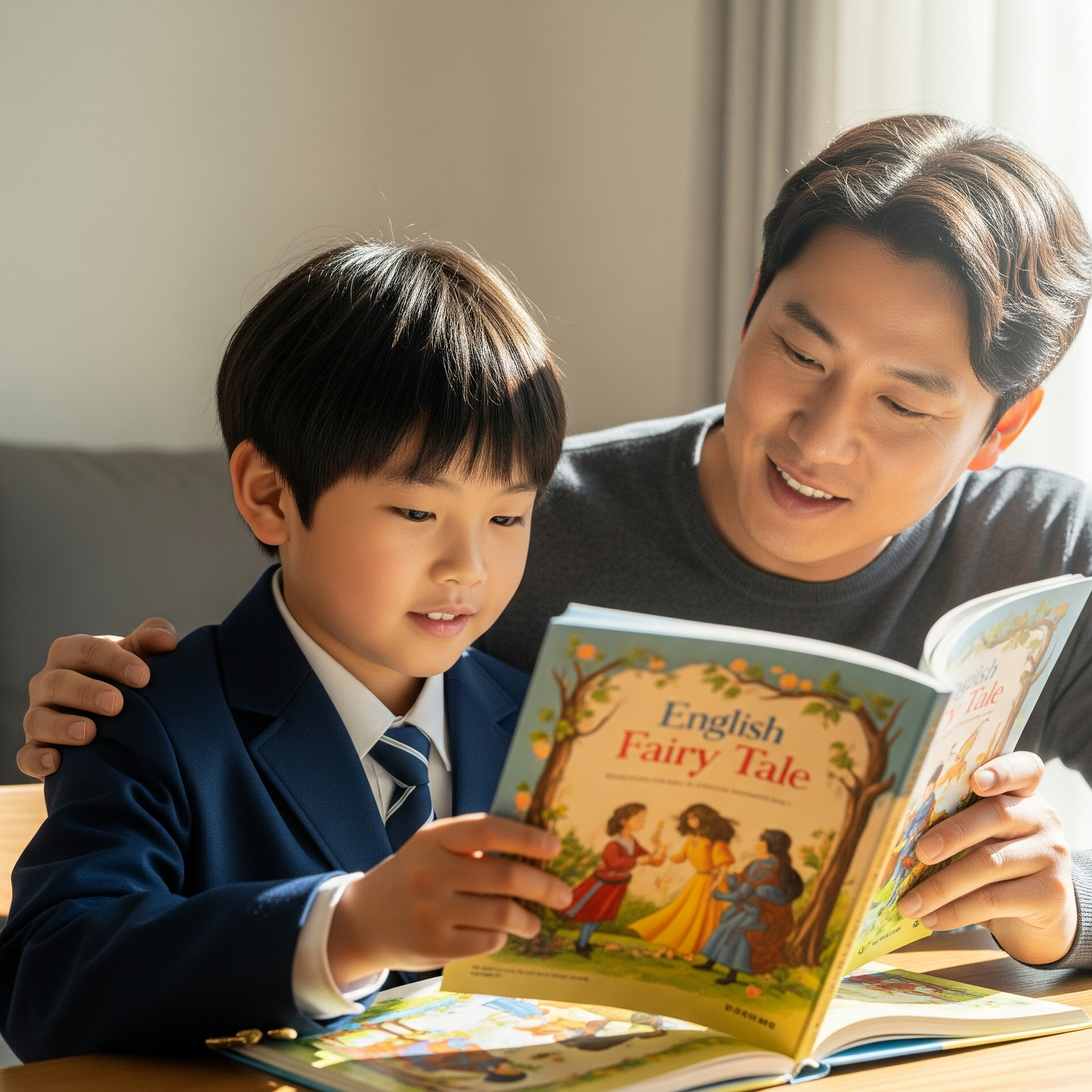 아빠와 영어 책을 보고 있는 아이