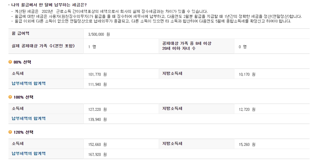 갑근세 자동 계산 결과 확인 화면