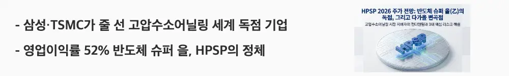 HPSP 주가 전망: &rsquo;[삼성&middot;TSMC가 줄 선 고압수소어닐링 세계 독점 기업]'이라는 문구가 포함된 웹배너 이미지. 이 이미지는 HPSP의 고압수소어닐링 독점 구조와 높은 영업이익률을 시각적으로 전달하며, 블로그의 HPSP 사업 구조 분석과 관련된 내용을 설명함