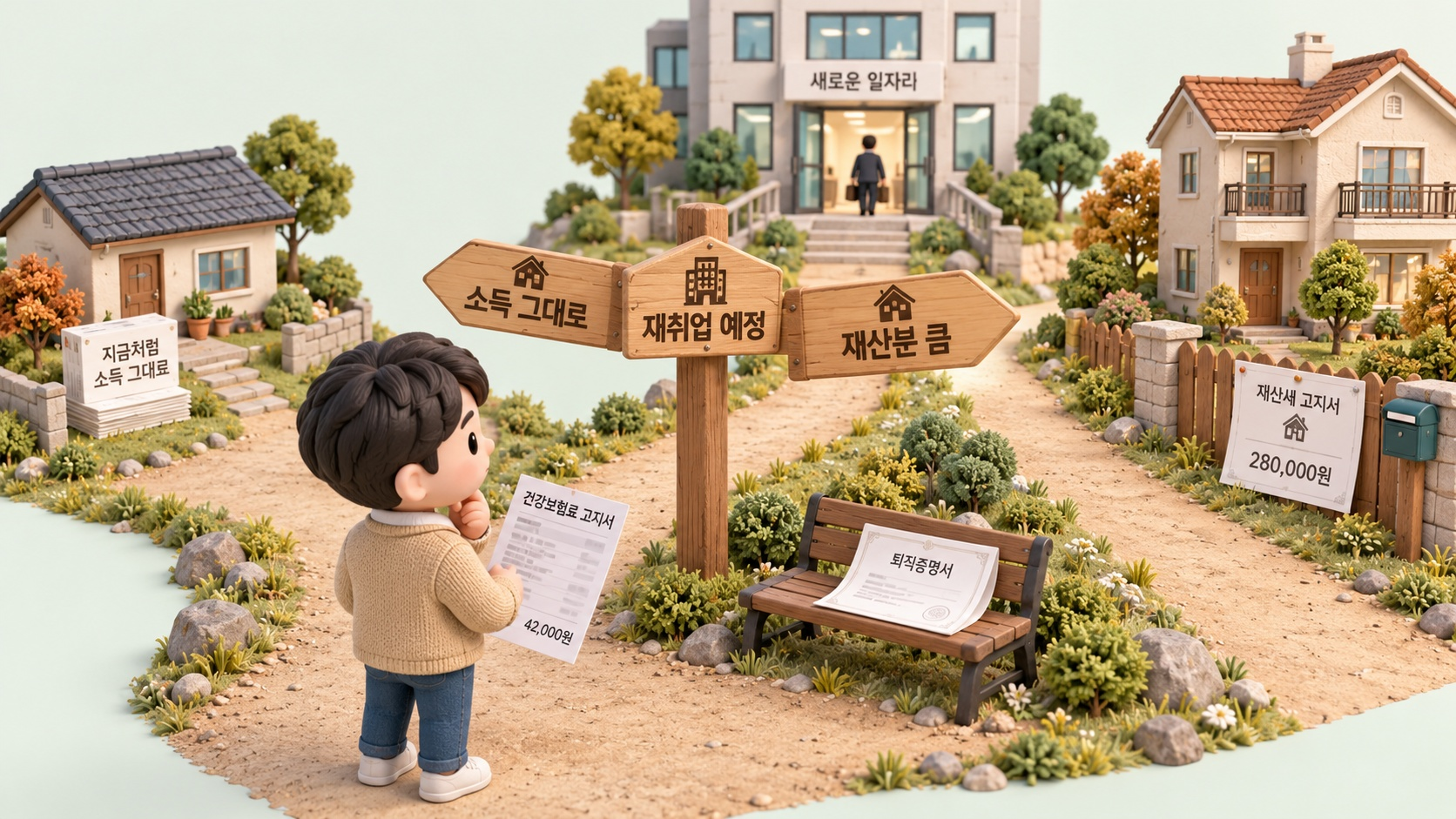 소득이 그대로인 길과 줄어든 길이 갈리는 표지판