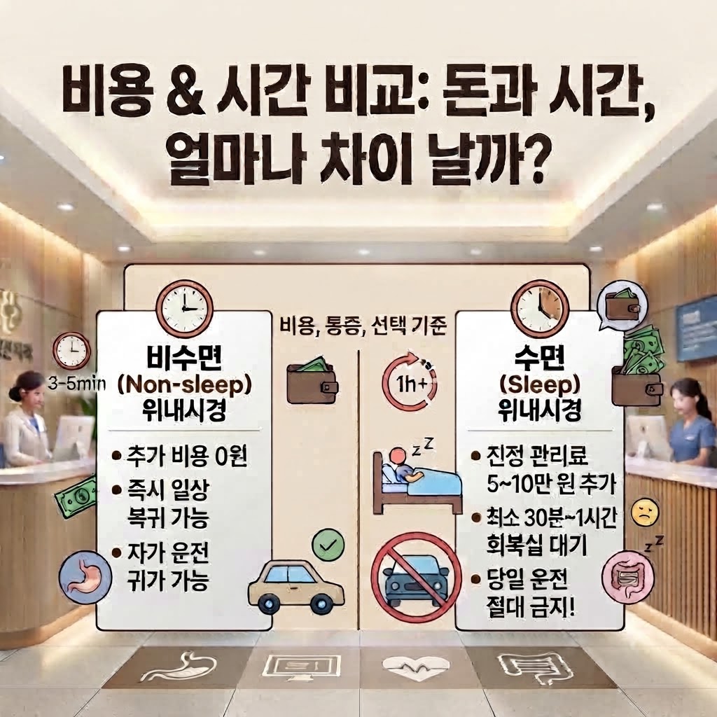 수면 위내시경과 비수면 위내시경의 추가 비용, 소요 시간, 회복실 대기 시간 및 주의사항을 비교한 비용·시간 안내 인포그래픽입니다.
