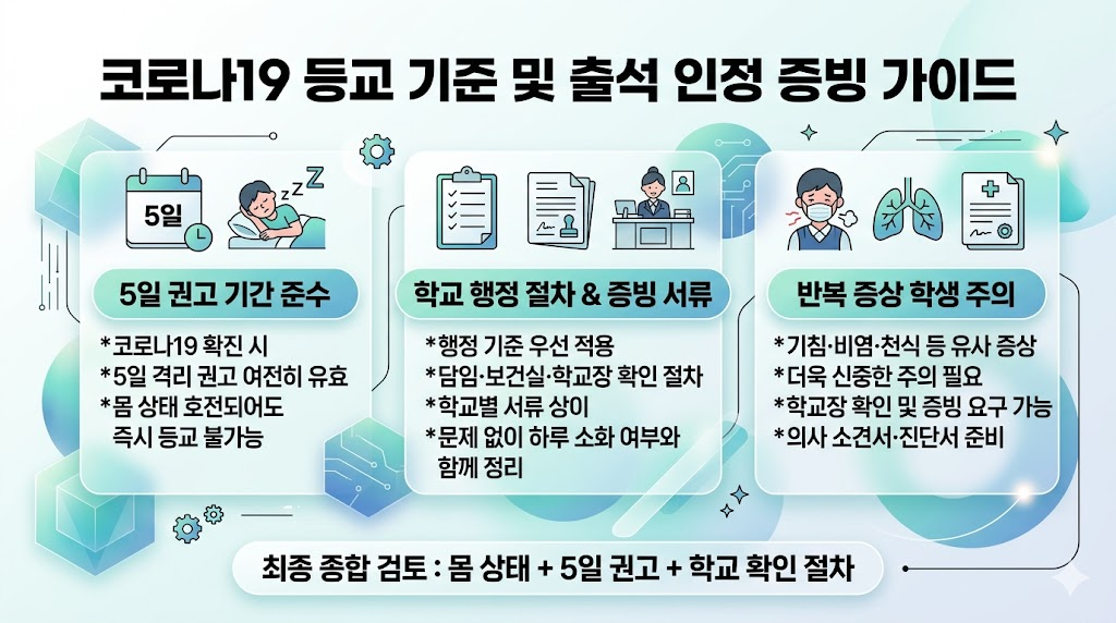 코로나19 등교 기준 및 출석 인정 절차 안내, 5일 권고 기간과 학교 행정 절차 설명 이미지