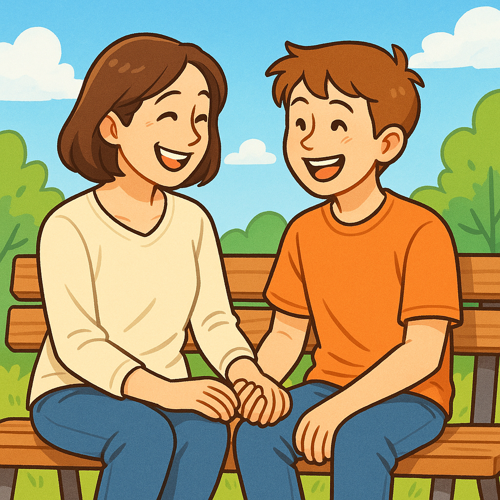 화창한 날 공원 벤치에 앉아 손을 맞잡고 밝게 웃고 있는 엄마와 아들, 웹툰풍 감성 일러스트.