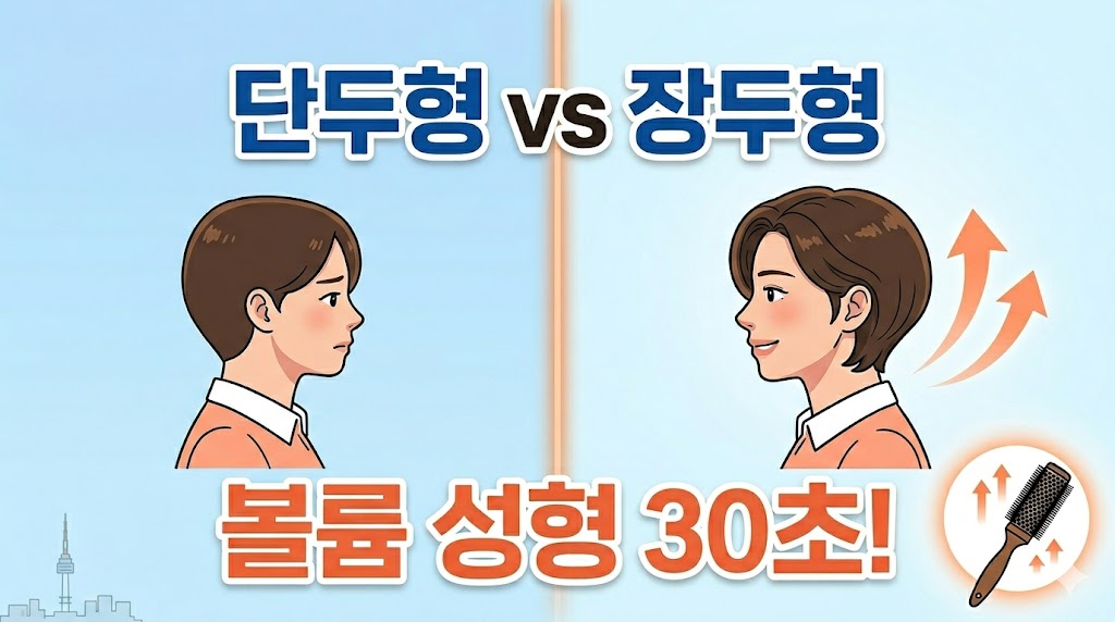 단두형과 장두형 두상의 해부학적 비교 일러스트를 배경으로, 전문가용 롤빗과 '볼륨 성형 30초!'라는 문구가 강조된 심플한 티스토리 썸네일 이미지. '오늘도 예쁘시네요' 채널 운영자의 9년 차 전문가 포지셔닝 포함.