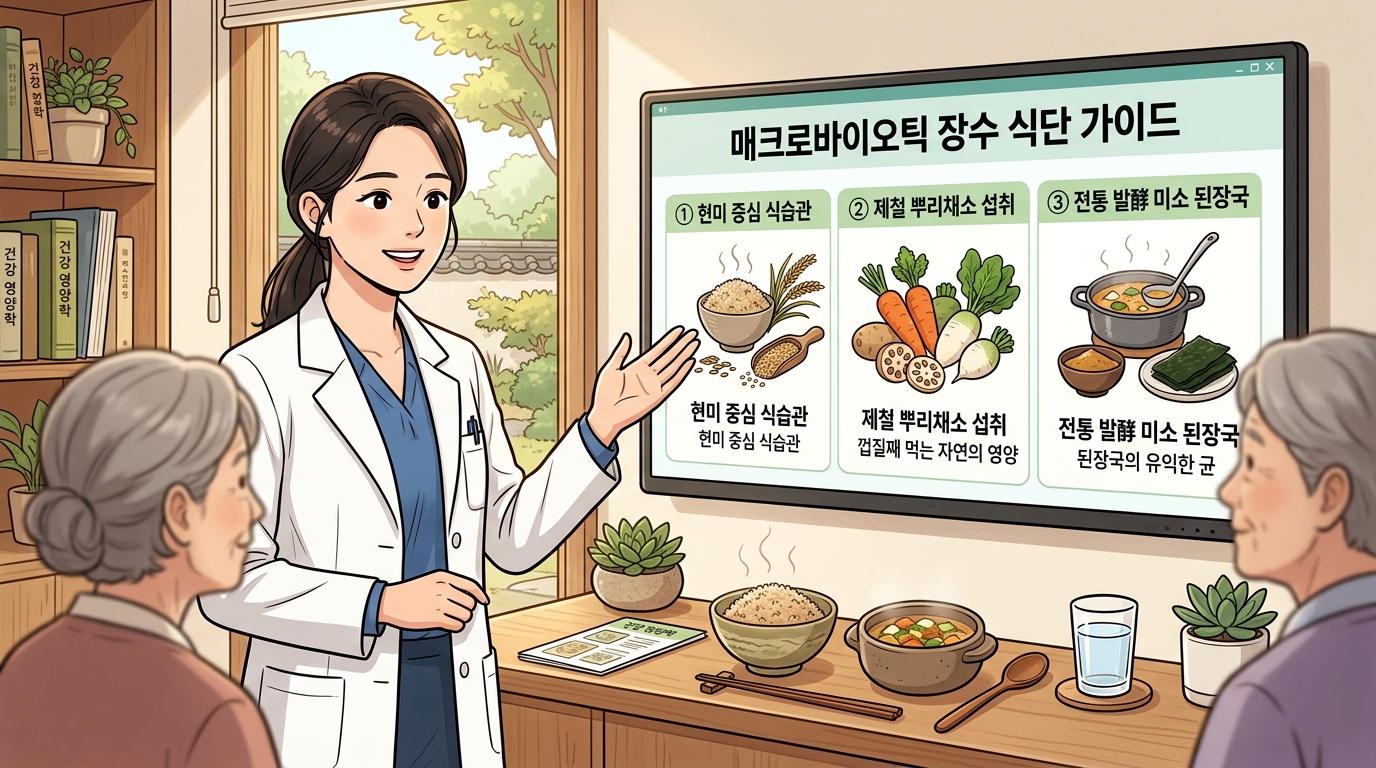 밝고 깨끗한 친환경 주방 환경에서 보건 영양 에디터 선생님이 대형 안내판을 가리키며 씨눈과 껍질을 버리지 않는 일물전체 수칙과 땅의 기운을 담은 신토불이 제철 식자재 조리 요령을 친절하게 교육하고, 세포 막 장벽 면역을 증진시키는 마크로비오틱 식단 및 장수 식단의 철학과 실전 구성법을 독자에게 다정하게 알려주는 2D 일러스트 이미지.