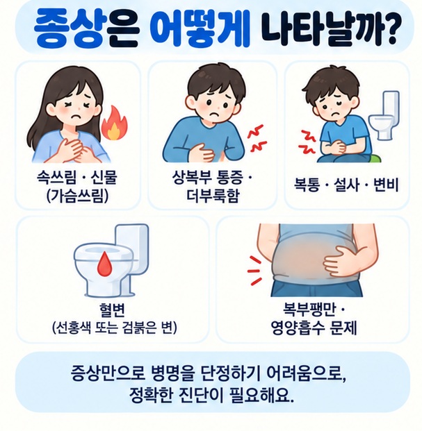 속쓰림 상복부 통증 설사 변비 혈변 복부팽만 등 위장질환에서 겹칠 수 있는 대표 증상을 보여주는 이미지