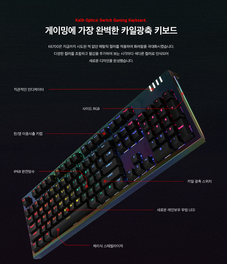 ABKO HACKER K6700 메탈릭 카일 광학 축 완전 방수 무지개 PBT 이동 LED