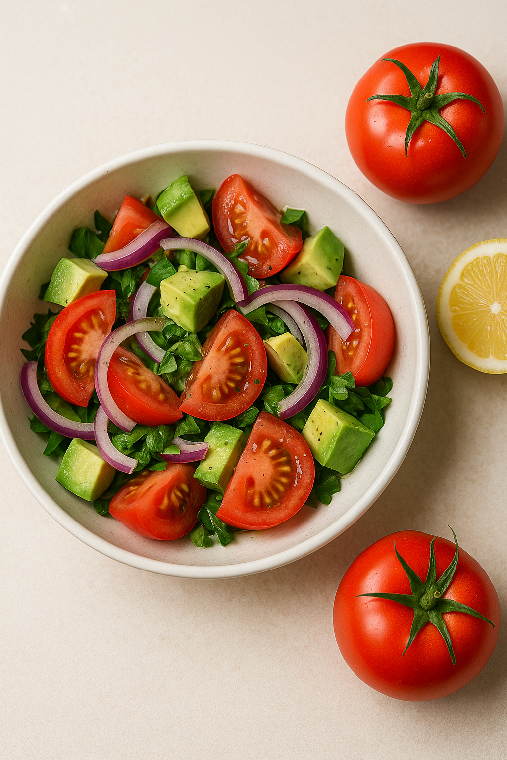 "하얀 접시에 담긴 신선한 샐러드로, 토마토, 아보카도, 적양파, 채소가 어우러져 있고 옆에는 잘 익은 토마토와 반으로 자른 레몬이 놓여 있는 모습"