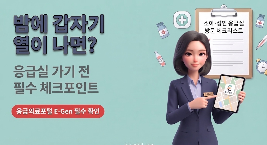 밤에 갑자기 열이 나면? 응급실 가기 전 필수 체크포인트와 응급의료포털 E-Gen 확인법을 안내하는 쥬에디트 썸네일 이미지