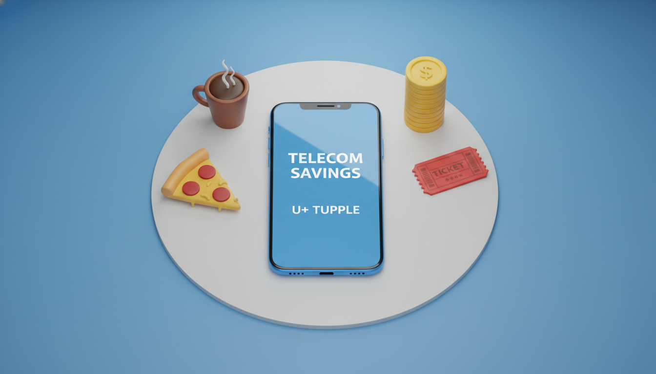 스마트폰과 커피, 피자, 영화 티켓 아이콘이 어우러져 통신비 절약과 유플투쁠 혜택을 상징하는 3D 일러스트