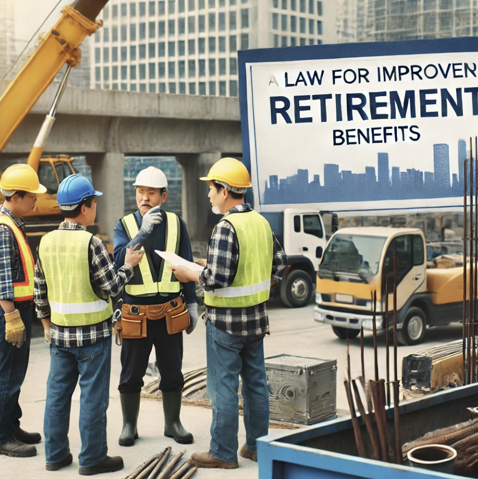 건설 현장에서 퇴직 혜택에 대해 논의하는 근로자들