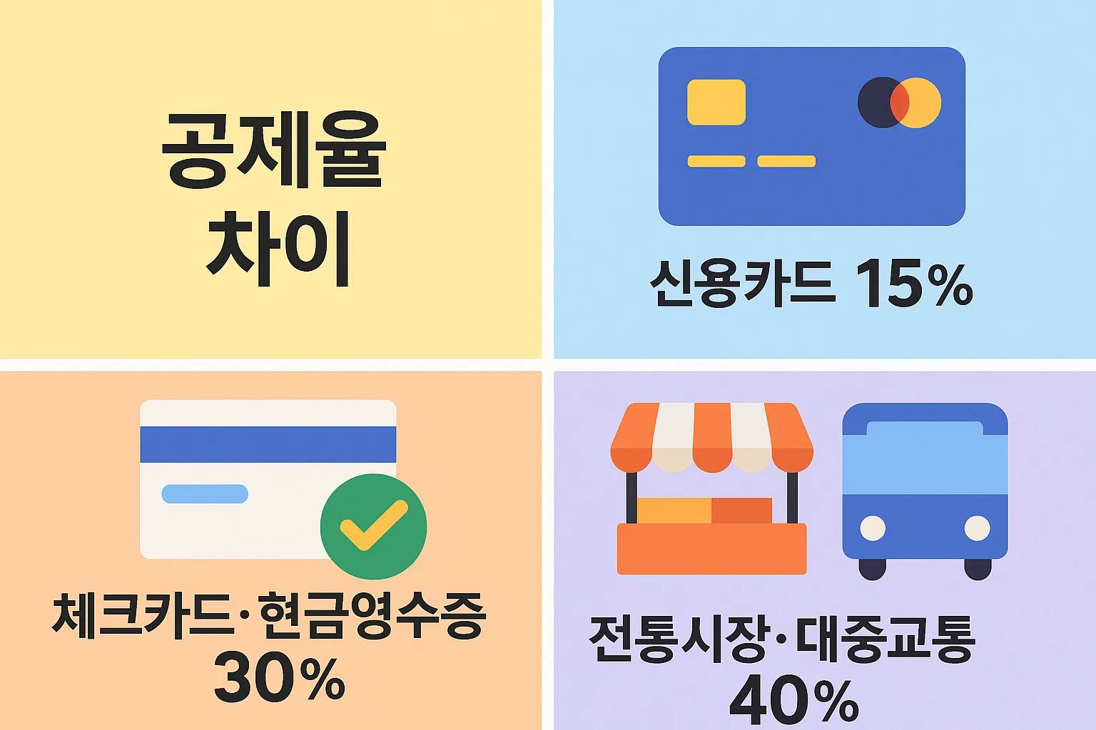 신용카드 15%, 체크카드&middot;현금영수증 30%, 전통시장&middot;대중교통 40%로 구분한 연말정산 신용카드공제율 비교 인포그래픽