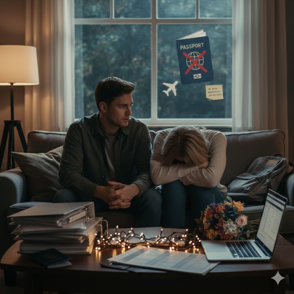 결혼 준비로 지친 커플, 쌓여가는 서류 속에서 잊혀가는 여행의 꿈.