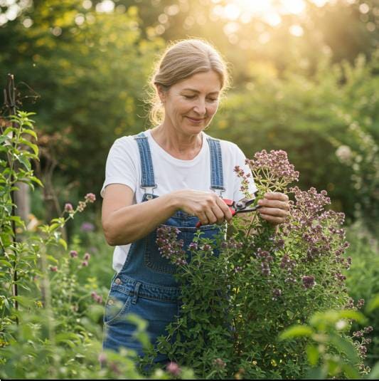 마조람 수확하는 유럽 중년 여성