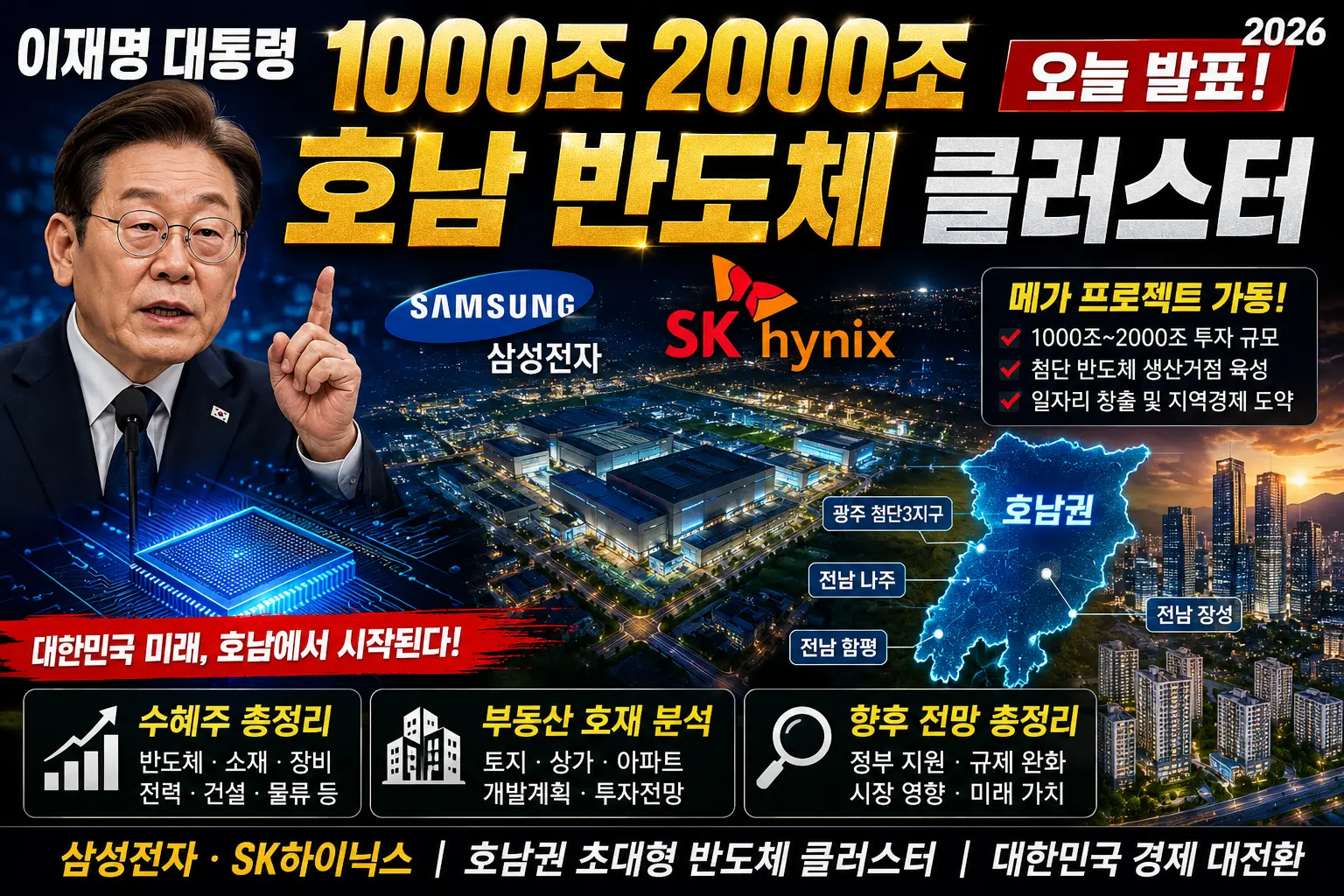 이재명 대통령 1000조 2000조 호남 반도체 클러스터
삼성전자 SK하이닉스 오늘 발표 수혜주 부동산 총정리 2026
