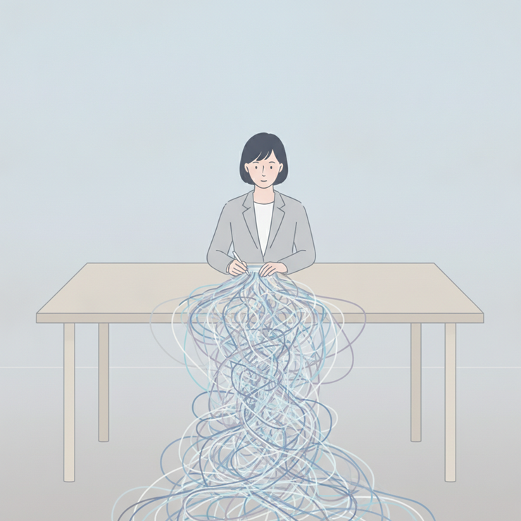 수동 데이터 처리의 한계와 복잡성을 차분한 분위기로 묘사한 플랫 일러스트