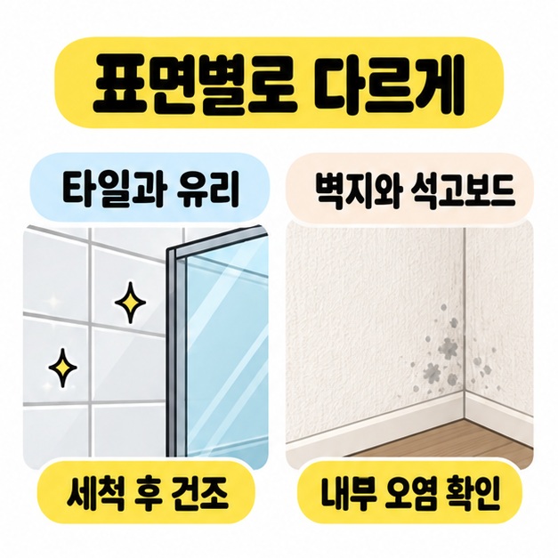 타일과 유리는 세척 후 건조하고 벽지와 석고보드는 내부 오염을 확인하도록 표면별 대응을 비교한 그림