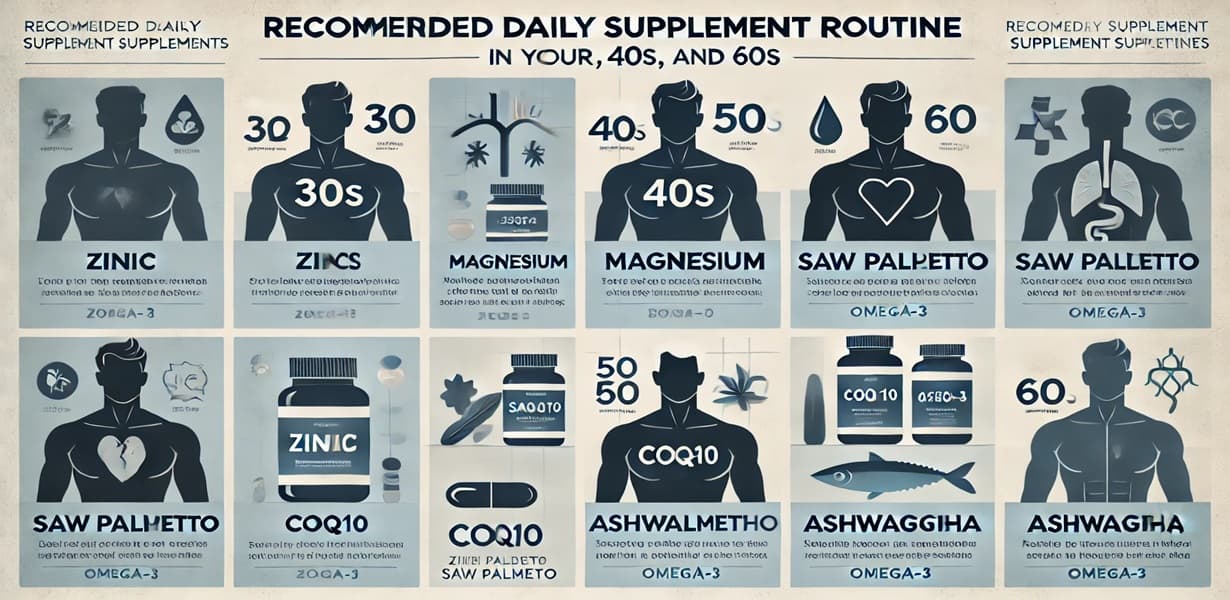 30대부터 60대 남성을 위한 연령대별 건강 보충제 루틴 인포그래픽