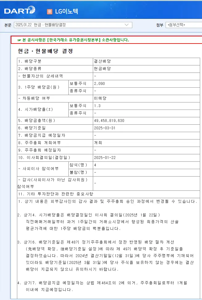 LG이노텍(011070) 2025년 배당금 및 배당 일정 배당락일