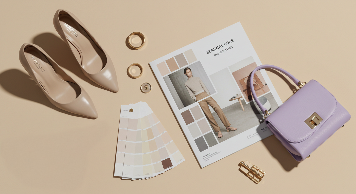 뉴트럴 톤의 구두와 라일락 컬러백이 배치된 패션 아이템 구성이 세련된 분위기를 자아냅니다. 룩북과 컬러칩이 함께 놓여 있어 트렌디한 스타일링 방향을 제시합니다.