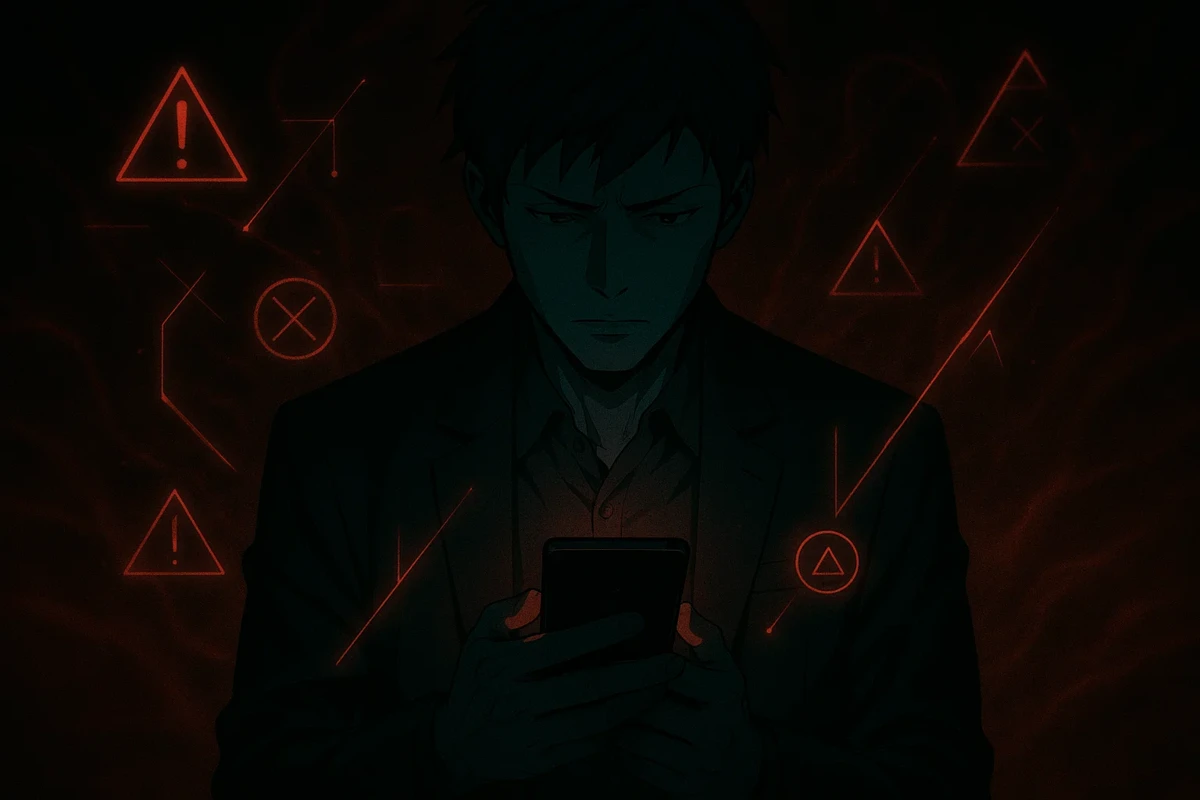 경고 알림을 받은 남성의 어두운 스마트폰 화면