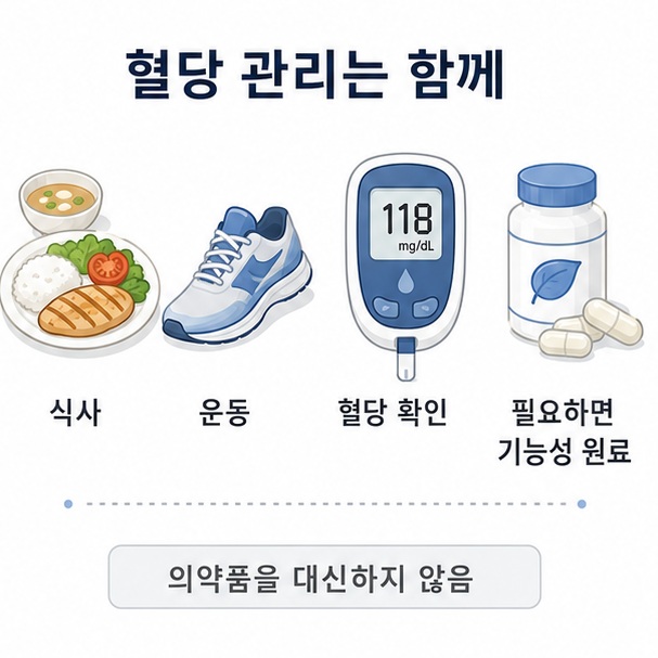 식사와 운동, 혈당 확인을 기본으로 하면서 HAC01을 건강기능식품으로 활용하는 혈당 관리 방법을 표현한 이미지