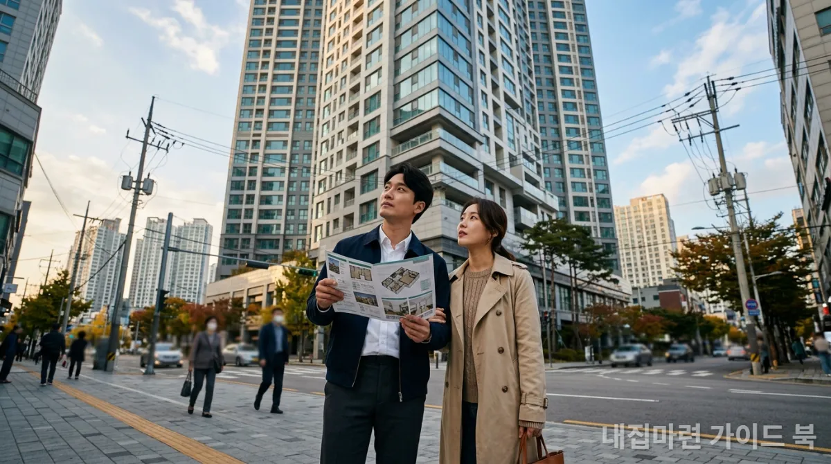 아파트 건물을 살펴보는 젊은 한국인 부부