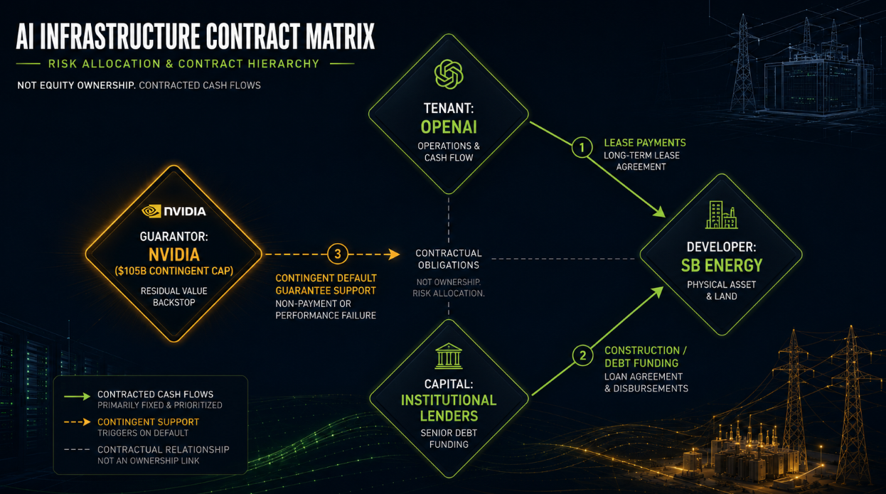 Contract hierarchy diagram illustrating risk allocation between Nvidia, OpenAI, infrastructure developers, and lenders