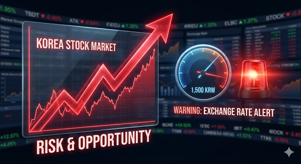 한국 증시의 급격한 상승 그래프와 그 뒤로 1,500원을 향해가는 환율 게이지의 경고등