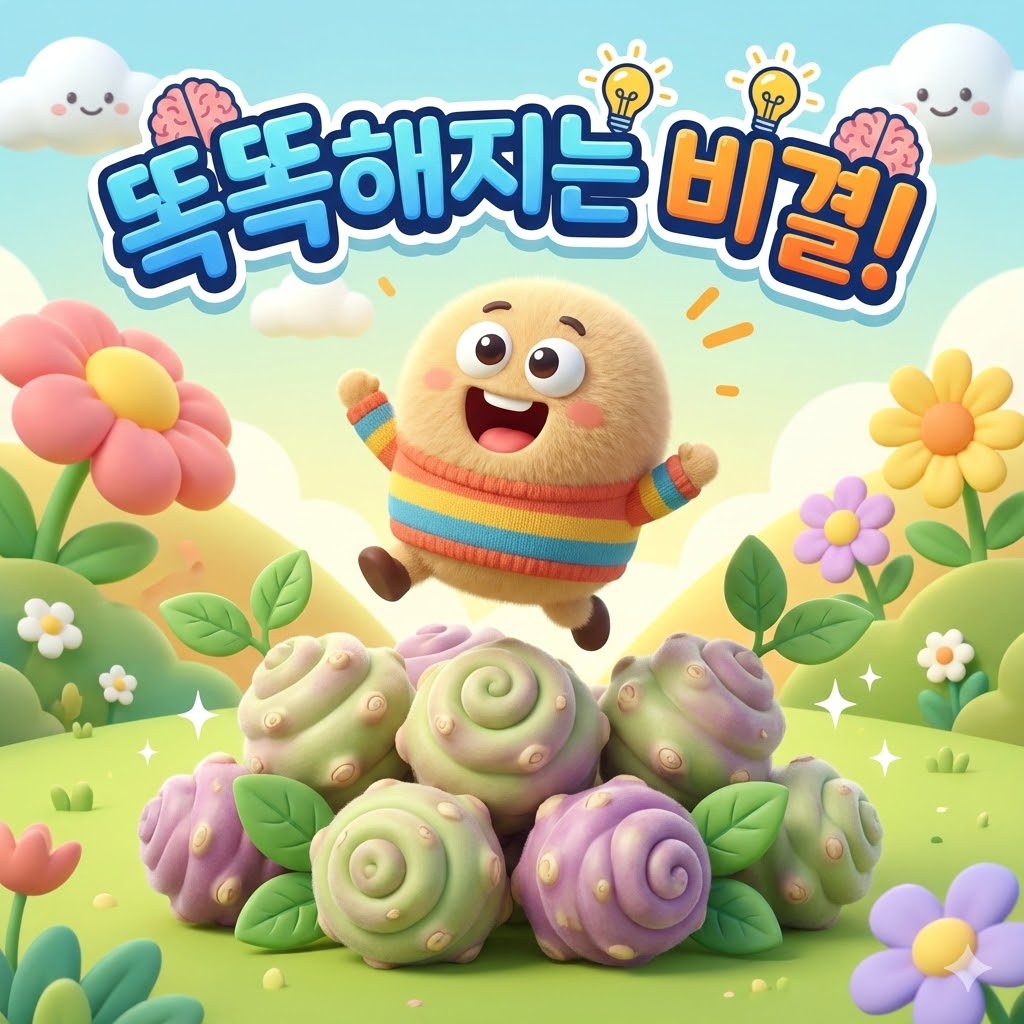 귀여운 캐릭터가 초석잠 위에서 즐거워하는 모습. '똑똑해지는 비결!'이라는 문구가 있어 뇌 건강에 좋은 초석잠의 효능을 강조합니다.