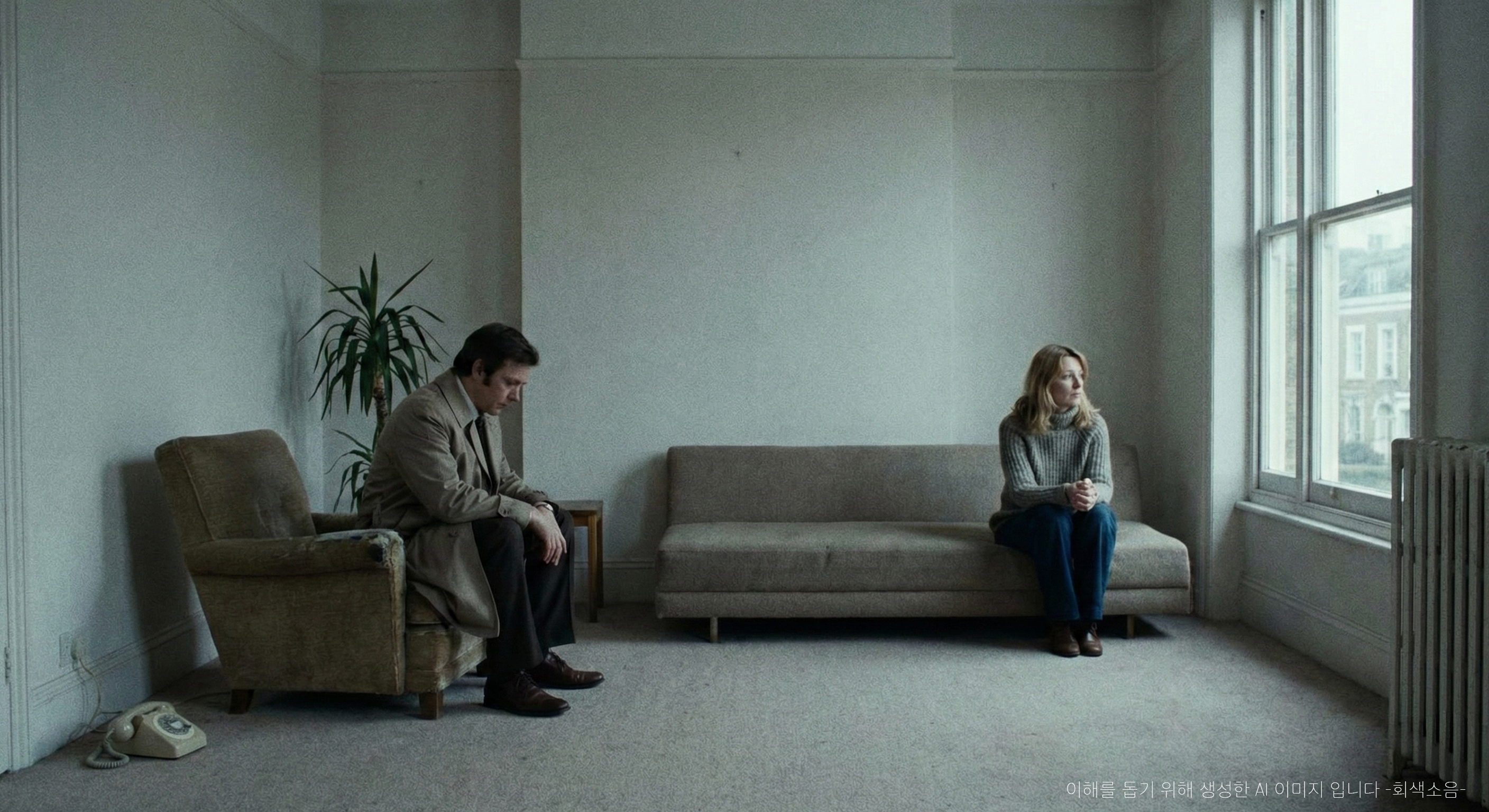 킬번의 아파트 : 1970년대 런던의 미니멀한 거실에서 두 사람이 서로를 보지 않은 채 멀찍이 떨어져 앉아, 창가의 차가운 오후빛 속에 침묵과 공허함이 감도는 와이드 장면.