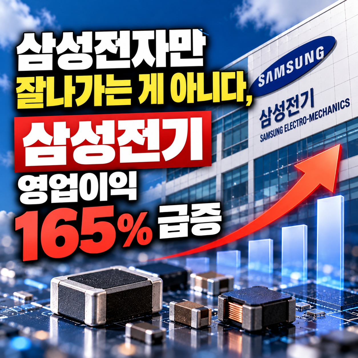 삼성전기-사옥과-전자부품을-배경으로-영업이익-165퍼센트-급증을-나타내는-상승-화살표와-막대그래프