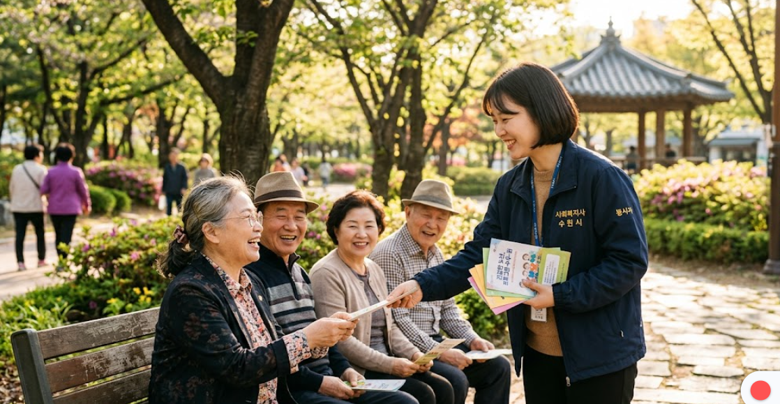 지역 주민들에게 친근하게 다가가 프로그램 리플렛을 나눠주는 사회복지사