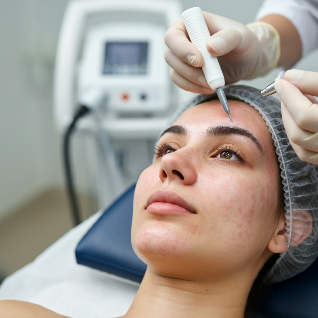 현대적인 클리닉에서 여드름 스케일링 치료를 받고 있는 환자의 얼굴을 클로즈업으로 보여주는 장면, 의사가 환자의 피부에 스케일링 용액을 바르고 있는 모습