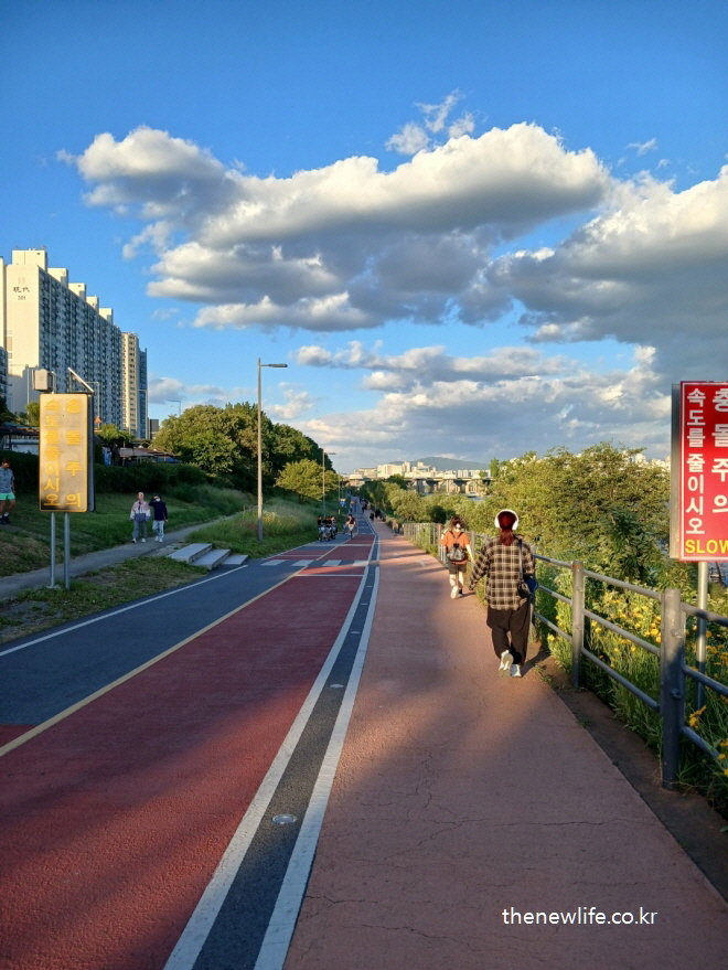 A peaceful riverside walking path under the golden evening sky, with people walking toward the horizon-노을빛 강변 산책로에서 여유롭게 걷는 사람들 – 걷기 루틴의 실천을 상징