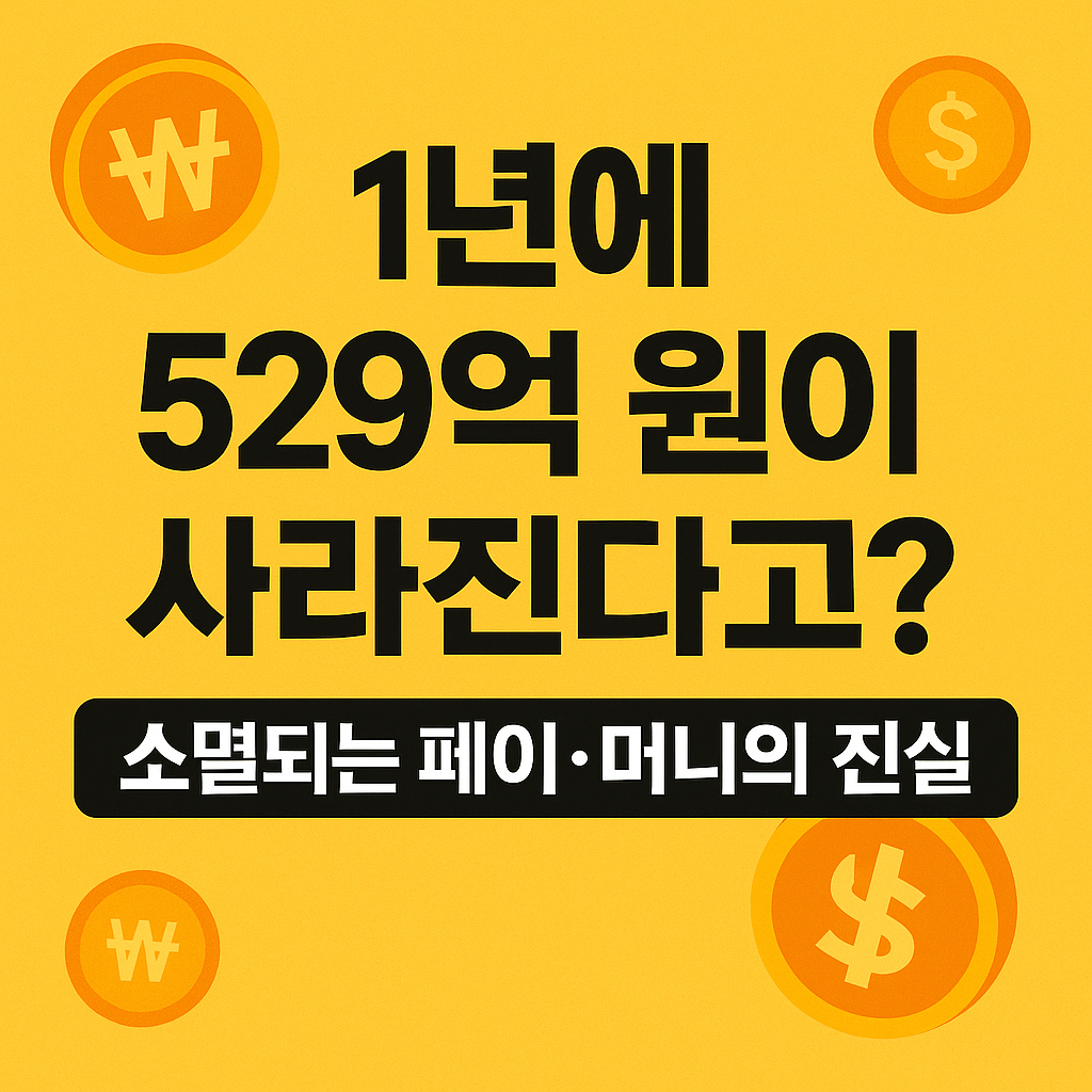 1년에 529억 원이 소멸되는 페이&middot;머니의 진실을 다룬 썸네일 이미지. 노란 배경에 화폐 기호와 함께 '1년에 529억 원이 사라진다고? 소멸되는 페이&middot;머니의 진실'이라는 문구가 강조되어 있다.