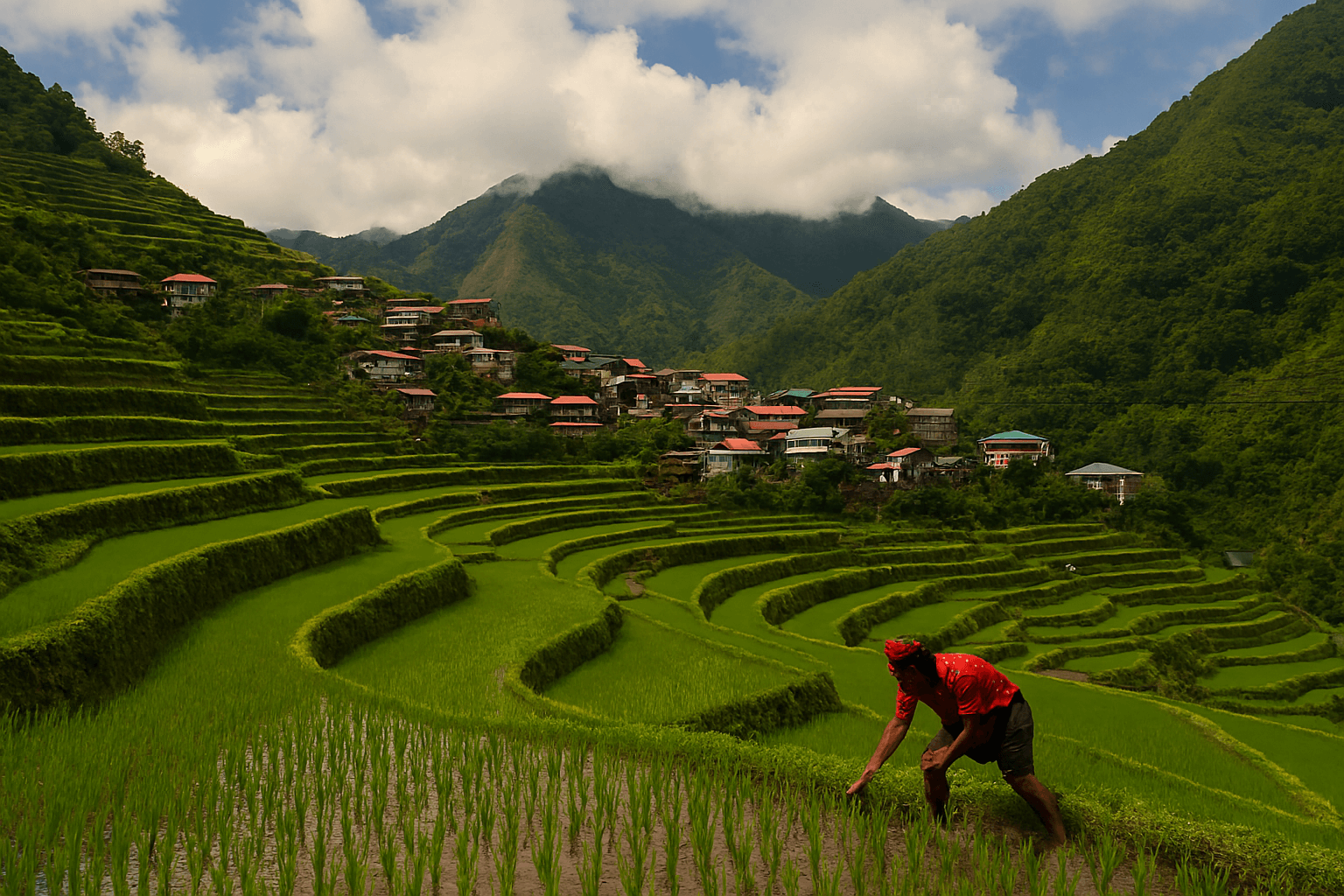 초록빛 바나우에 계단식 논과 그 속에 자리 잡은 작은 이푸가오족 마을의 평화로운 풍경. 필리핀여행에서 만나는 자연 속의 삶이다.