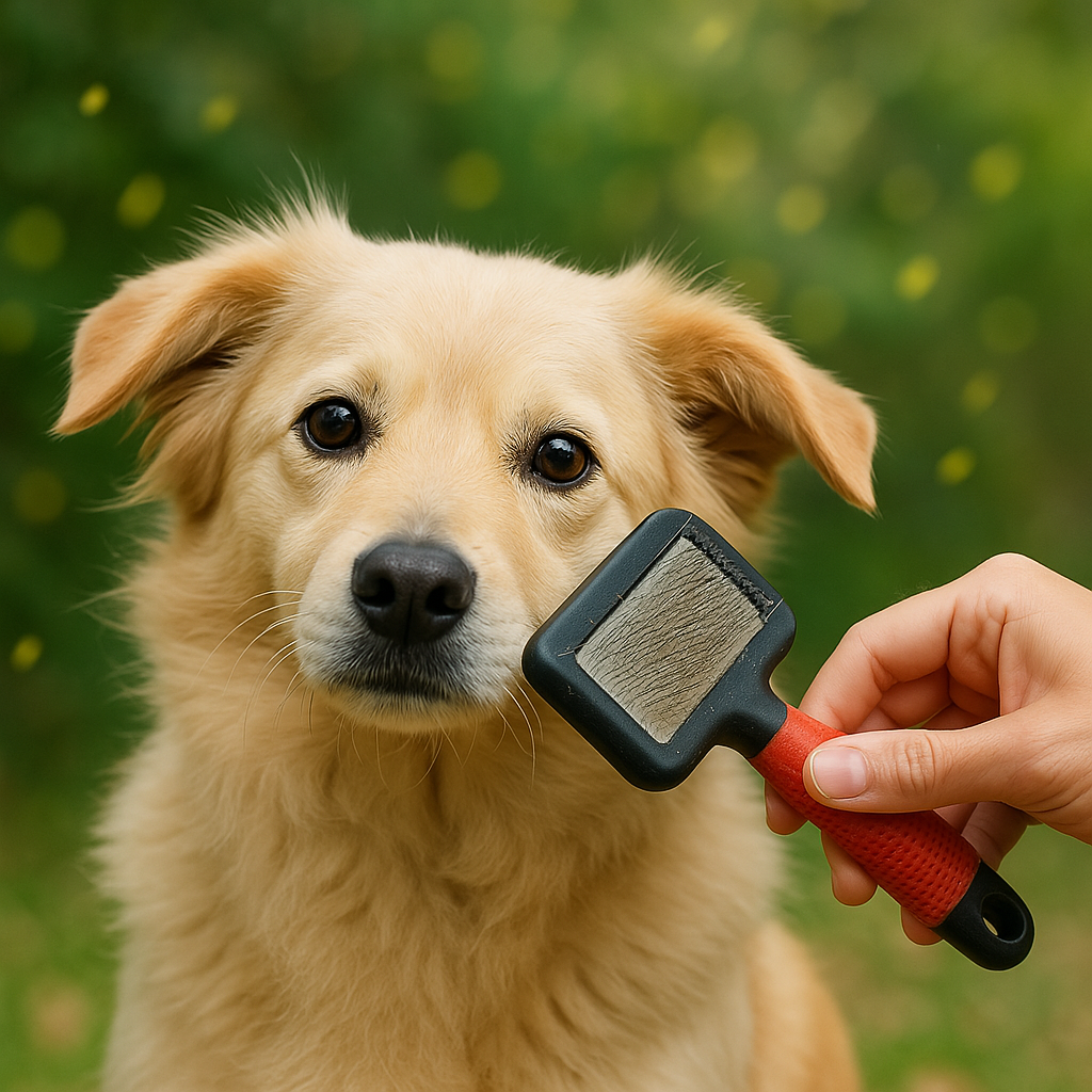 외출 후 털에 묻은 꽃가루와 먼지를 제거하기 위해 빗질 중인 강아지의 모습