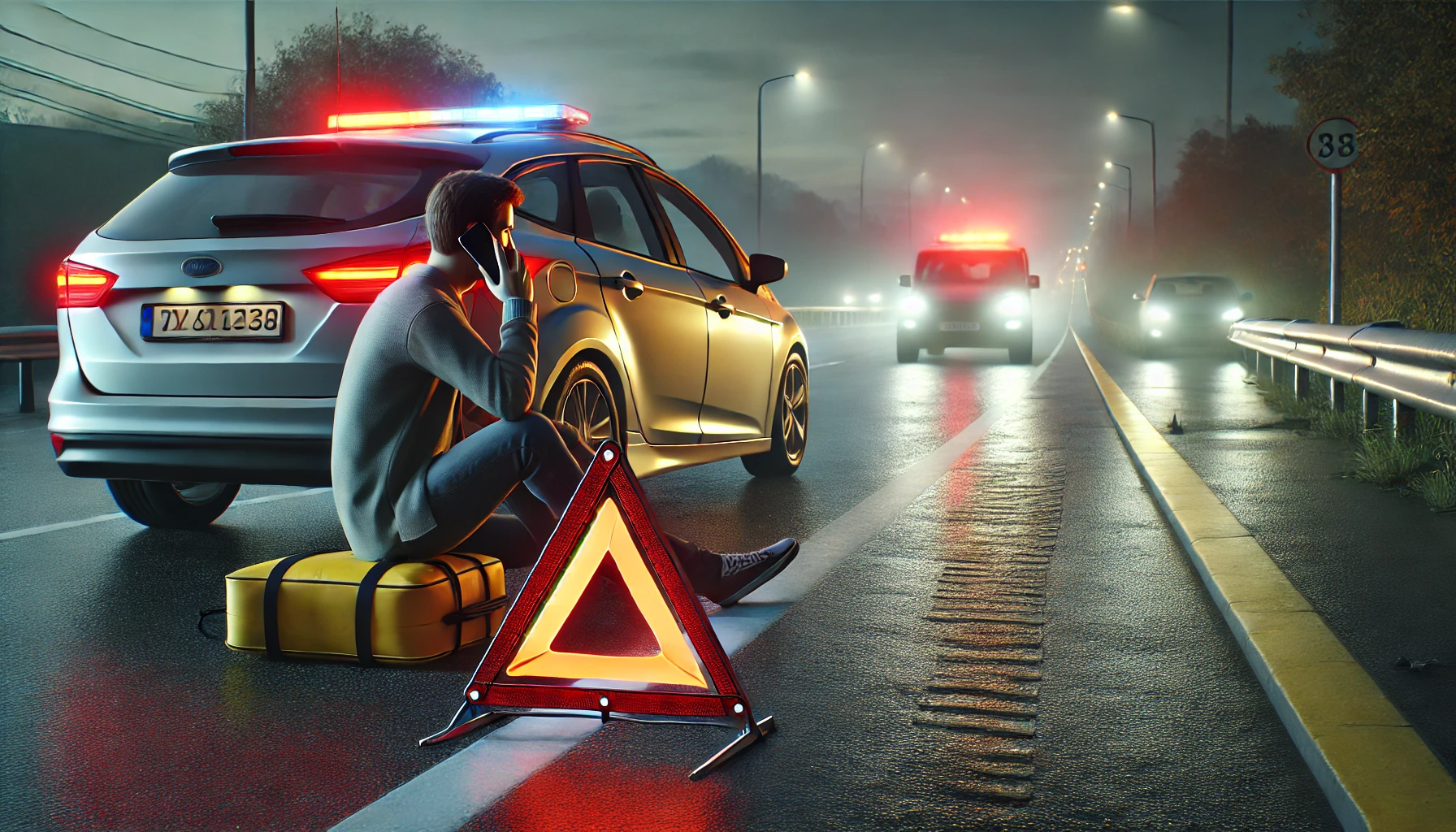 2차 사고 예방을 위해 비상등을 켜고 안전삼각대를 설치. 경찰에 신고하는 장면