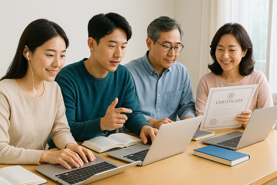 학점은행제를 통해 온라인으로 학위를 준비하는 다양한 연령대의 한국 성인 학습자들 모습