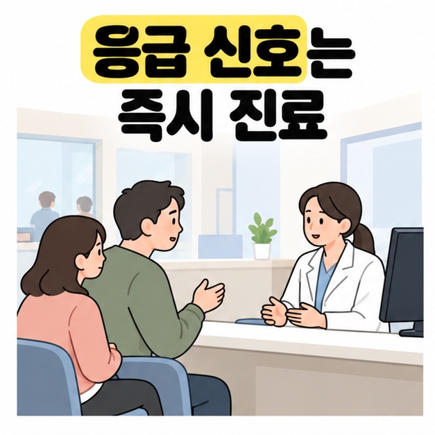 응급 신호는 즉시 진료 문구 아래 동행인과 함께 의료진에게 증상을 설명하는 남성