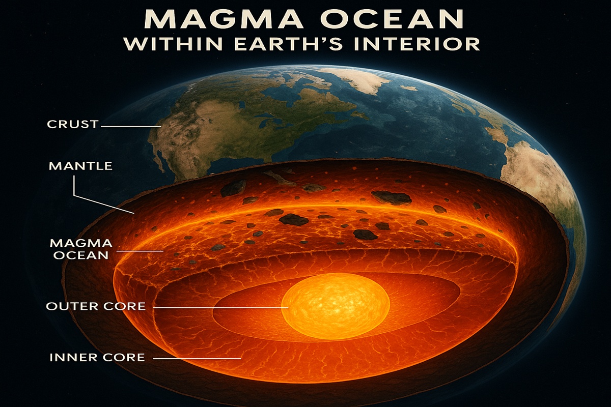 지구 내부 마그마 바다 이론 구조도, ULVZ와 맨틀 대류를 설명하는 과학적 개념 이미지