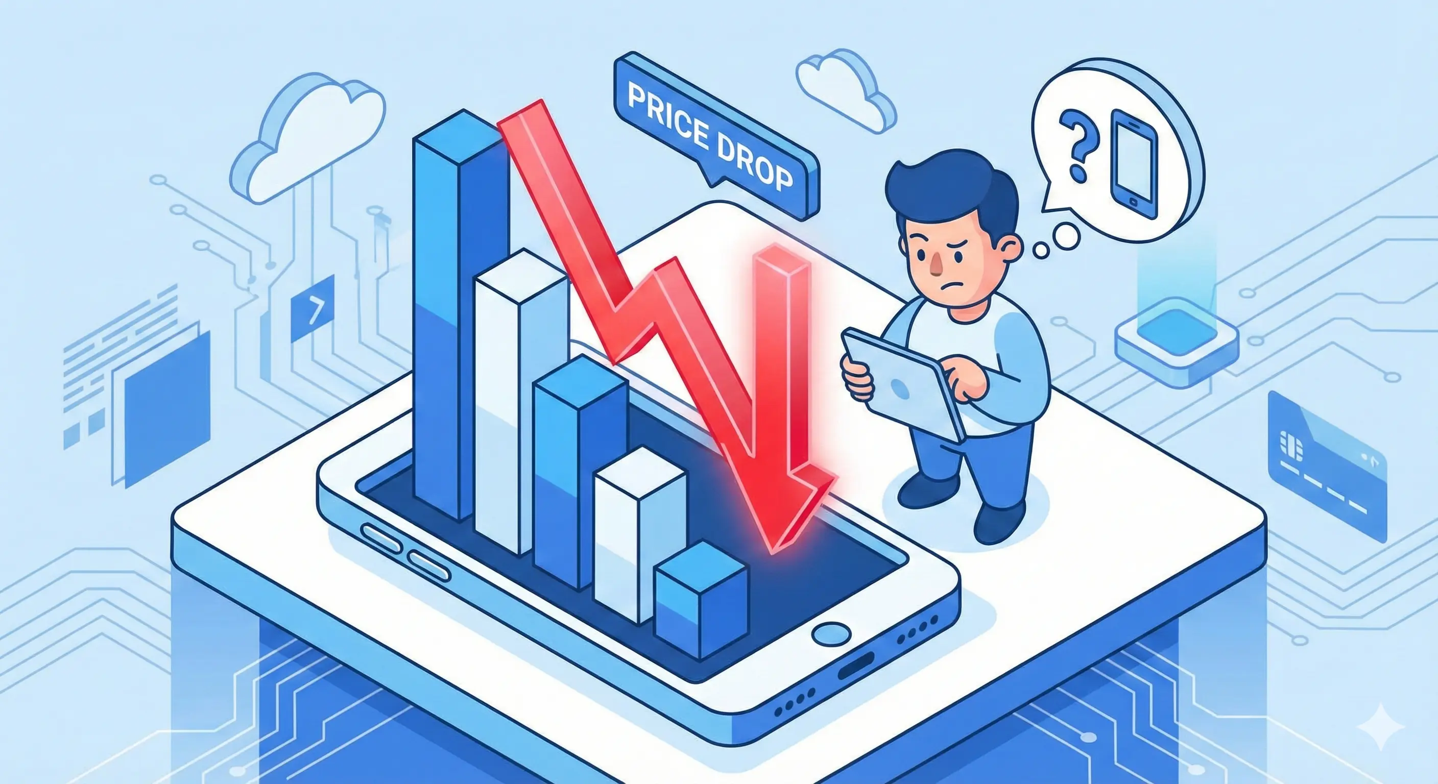 아이폰 에어 가격 하락 그래프와 구매를 고민하는 사용자 일러스트