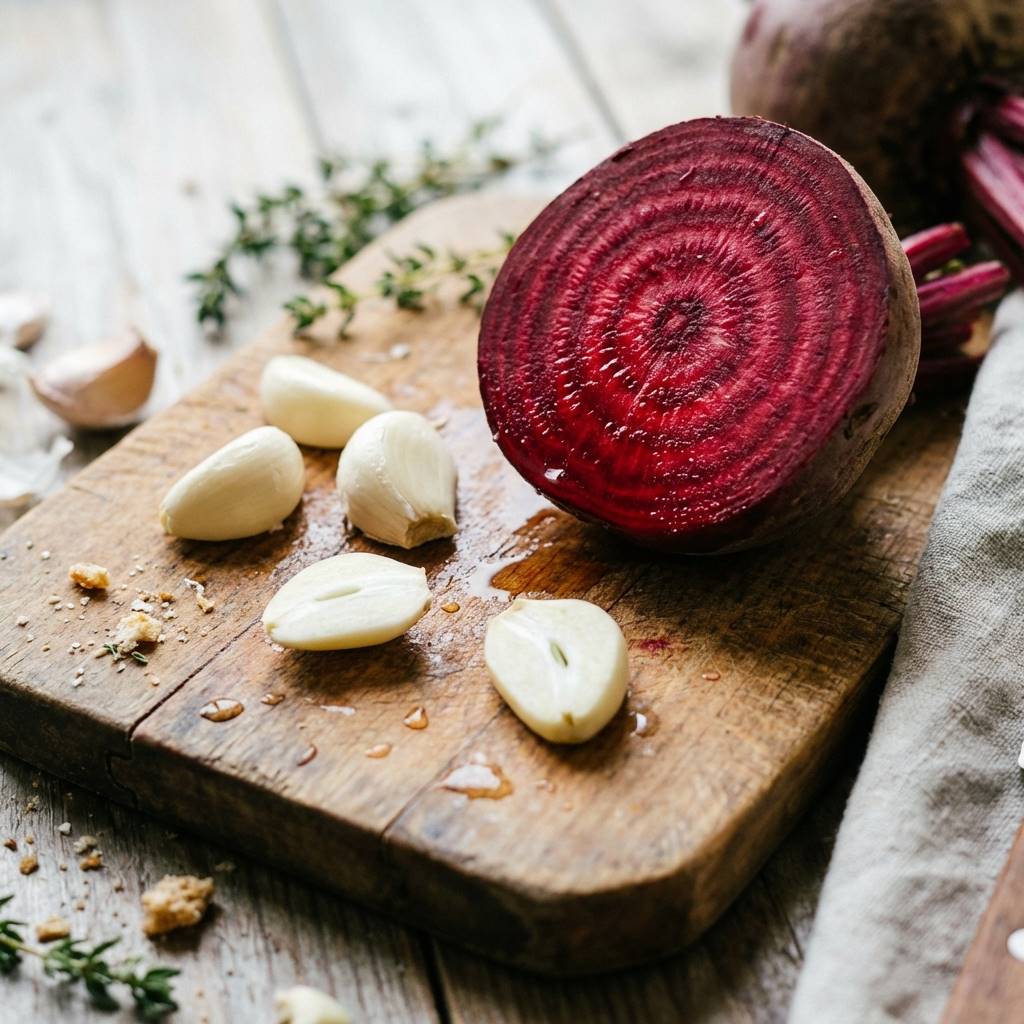 신선하고 붉은 비트 단면과 깐 마늘이 나무 도마 위에 놓여 있는 정물 사진