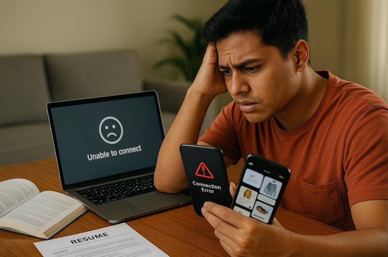 청년이 인터넷 연결 오류로 답답해하는 모습
