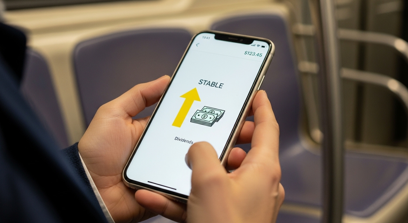지하철에서 스마트폰으로 주식 앱을 보고 있는 직장인의 모습. 안정적인 배당금 현금 흐름을 상징하는 밝은 노란색 화살표와 현금 아이콘이 스마트폰 화면에 오버레이 되어 있음