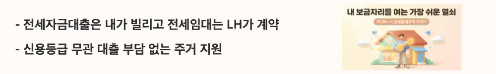 LH 전세임대주택 조건: '전세자금대출은 내가 빌리고 전세임대는 LH가 계약'과 '신용등급 무관 대출 부담 없는 주거 지원'이라는 문구가 포함된 웹배너 이미지. 이 이미지는 LH 전세임대와 전세자금대출의 구조적 차이를 시각적으로 전달하며, 블로그의 전세임대 전세자금대출 비교와 관련된 내용을 설명함